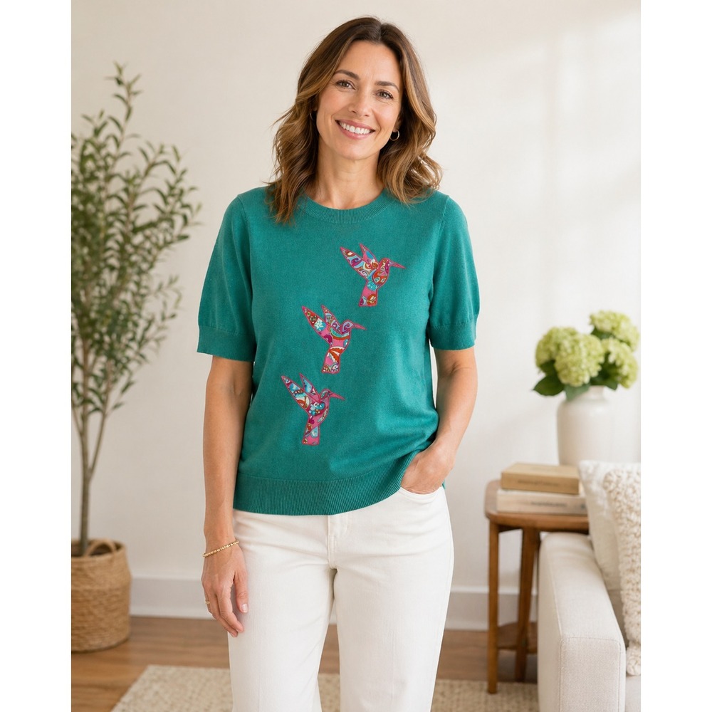 Twiggy London Sweater Womens Large Blue Green Hummingbird Applique Retro Paisley